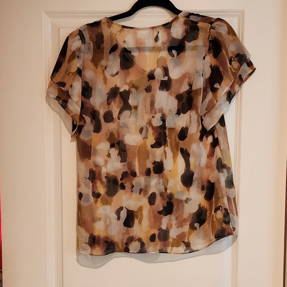 Cabi Women's Agenda Abstract Sheer Print Top Watercolor Print Ruffle Sleeve